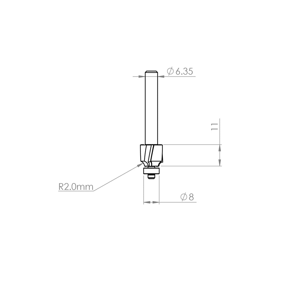 3 Flute Roundover Bit R2.0mm - 1/4" Shank