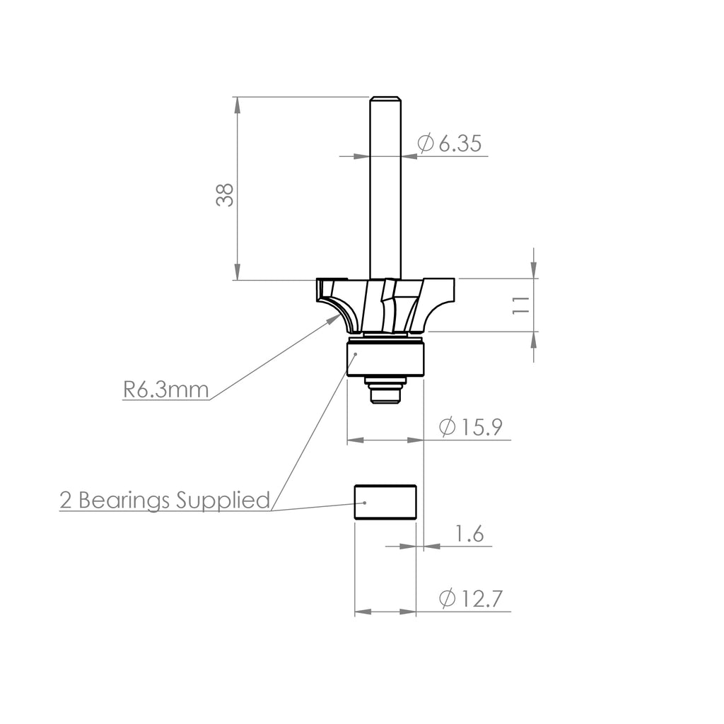 4 Flute Roundover / Ovolo Bit R6.3mm - 1/4" Shank