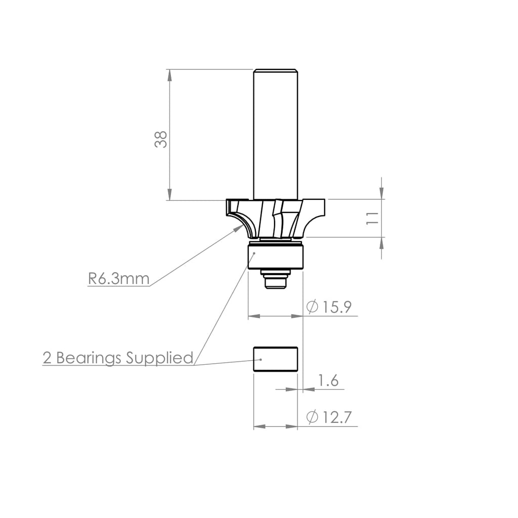 4 Flute Roundover / Ovolo Bit R6.3mm - 1/2" Shank