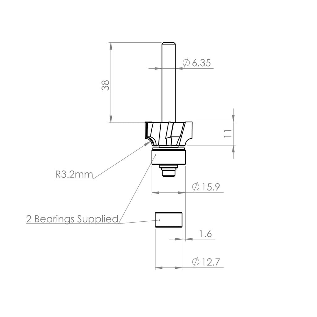 4 Flute Roundover / Ovolo Bit R3.2mm - 1/4" Shank