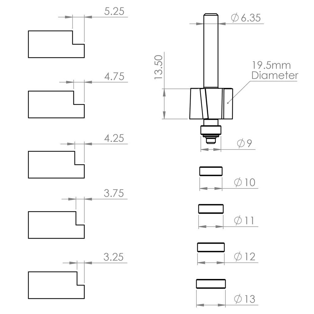 3 Flute Rebate Set 3.25, 3.75, 4.25, 4.75, 5.25mm - 1/4" Shank